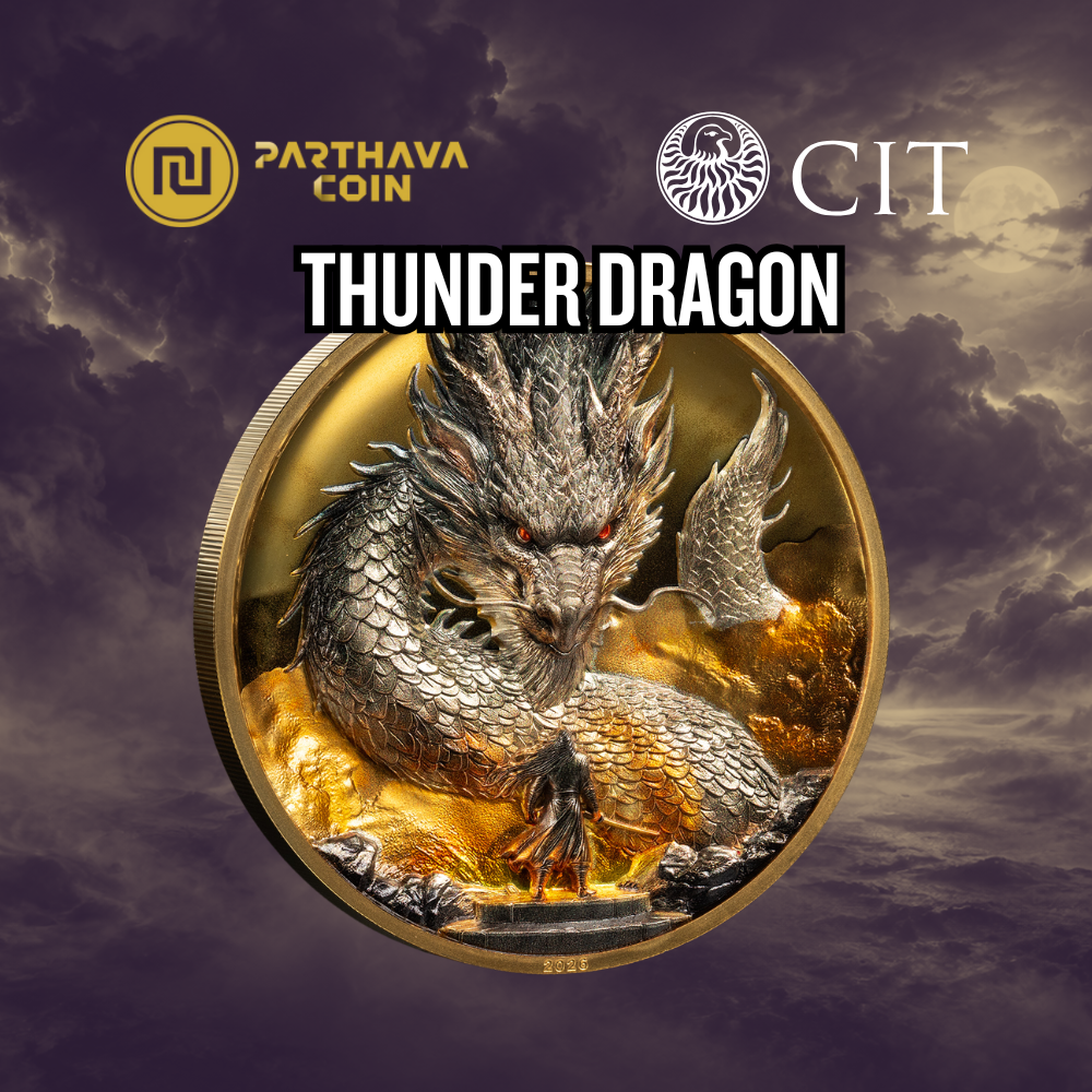 Thunder Dragon CIT x Parthava 5oz silver coin gilded