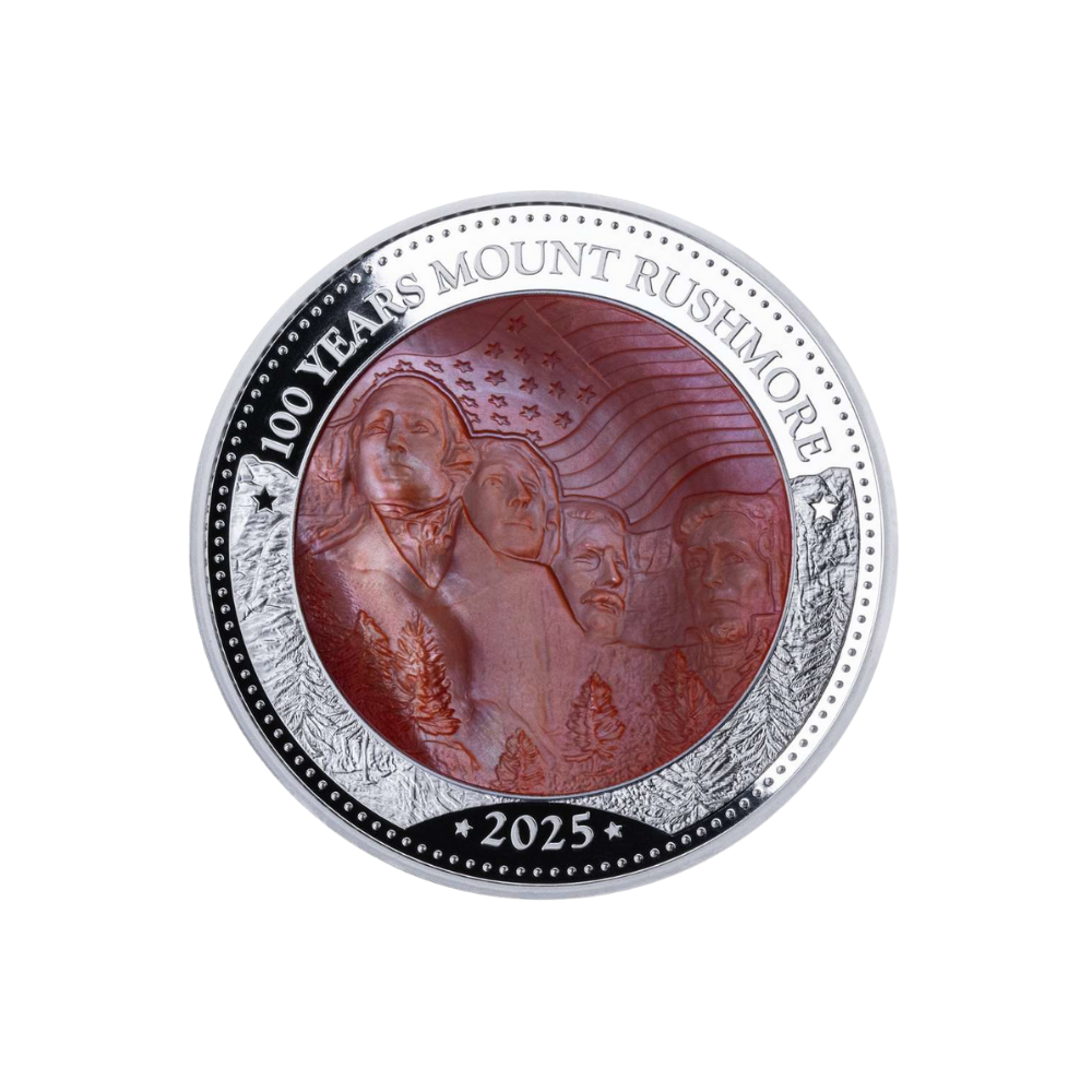 100 YEARS MOUNT RUSHMORE Mother of Pearl 5 Oz Silver Coin $25 Solomon Island 2025