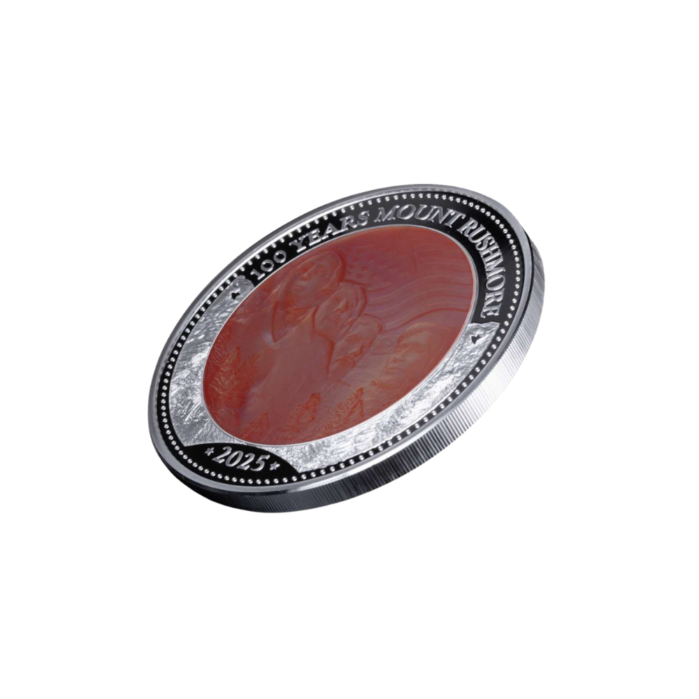 100 YEARS MOUNT RUSHMORE Mother of Pearl 5 Oz Silver Coin $25 Solomon Island 2025