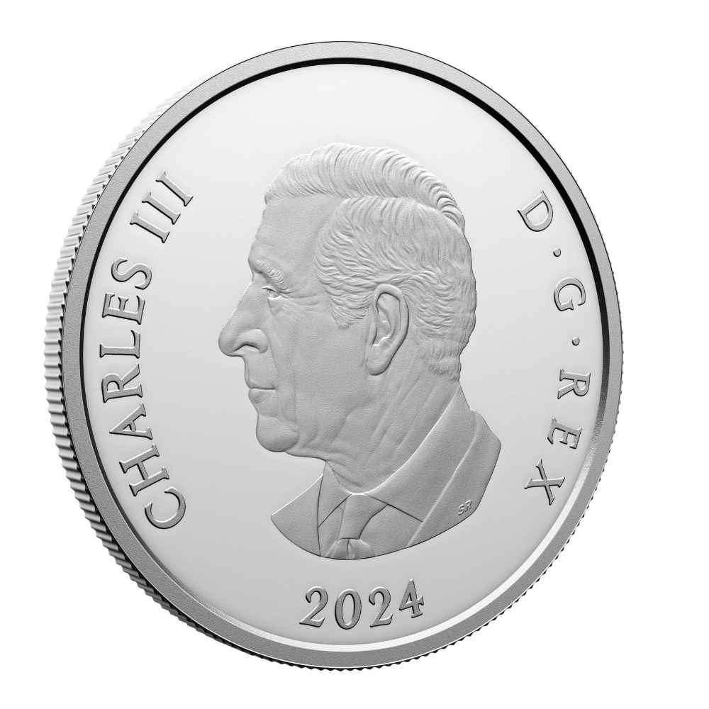 2024 1 oz silver coin celebrating the 150th anniversary of L. M. Montgomery's birth, featuring a colour-enhanced design with Anne of Green Gables and the Prince Edward Island landscape, $20 Canada denomination.