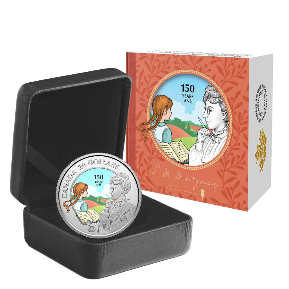 2024 1 oz silver coin celebrating the 150th anniversary of L. M. Montgomery's birth, featuring a colour-enhanced design with Anne of Green Gables and the Prince Edward Island landscape, $20 Canada denomination.