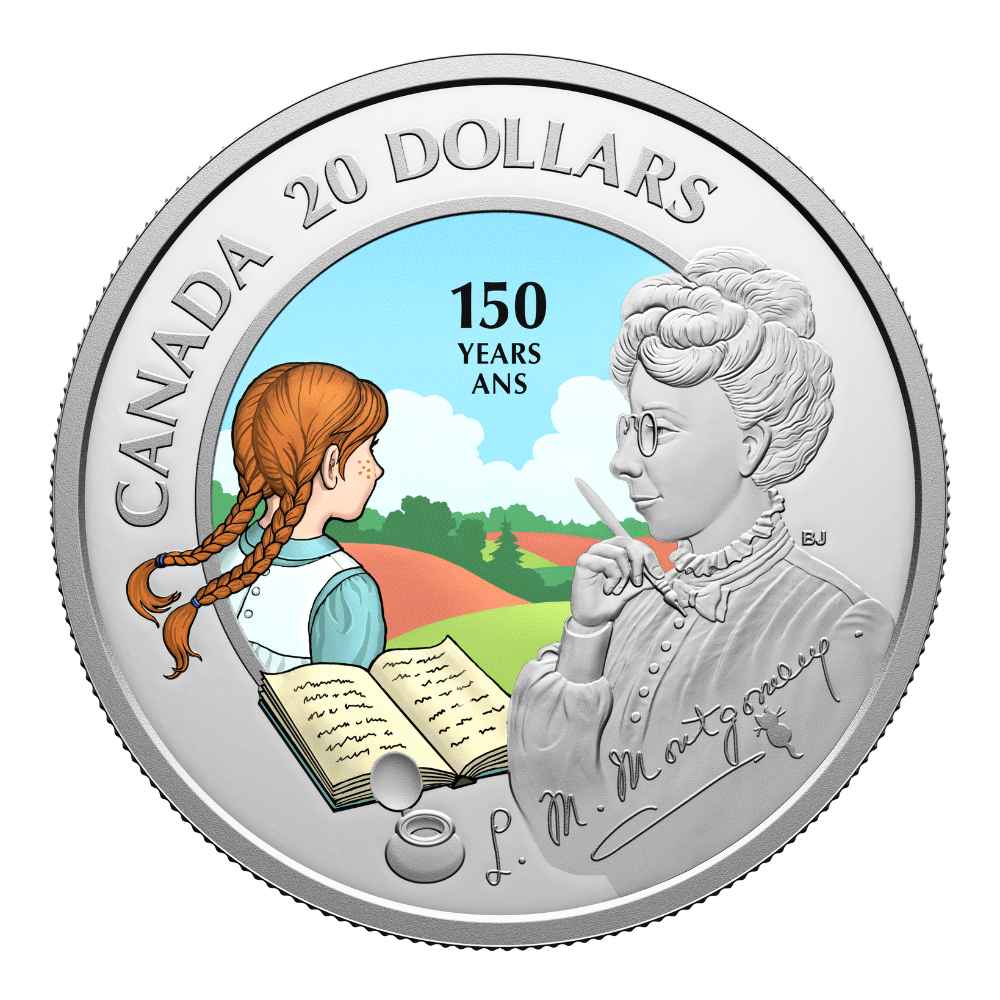 2024 1 oz silver coin celebrating the 150th anniversary of L. M. Montgomery's birth, featuring a colour-enhanced design with Anne of Green Gables and the Prince Edward Island landscape, $20 Canada denomination.