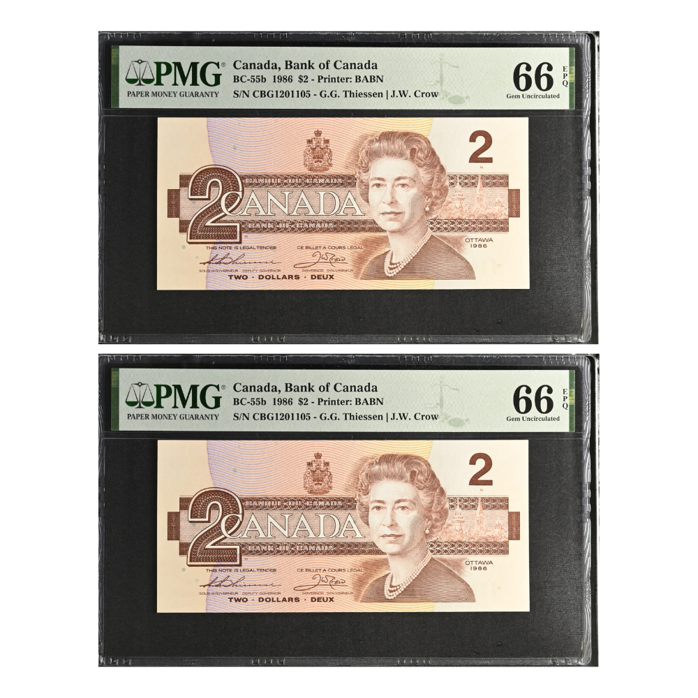 Canada 2 Dollars 1986 Pick BC-55b Gem UNC 66 EPQ Consecutive Pair