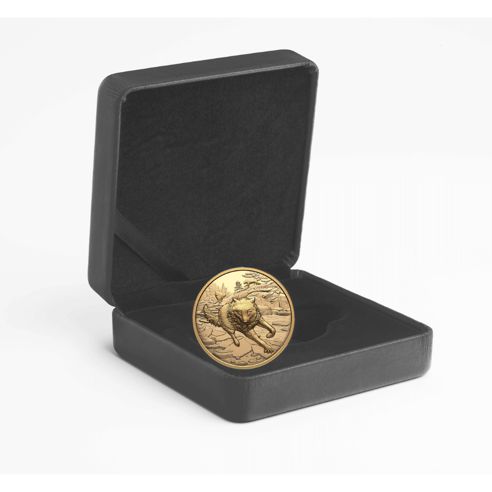 Great Hunters Grey Wolf 1 Oz Pure Gold Ultra High Relief Coin Canada 2025 box Royal Canadian Mint