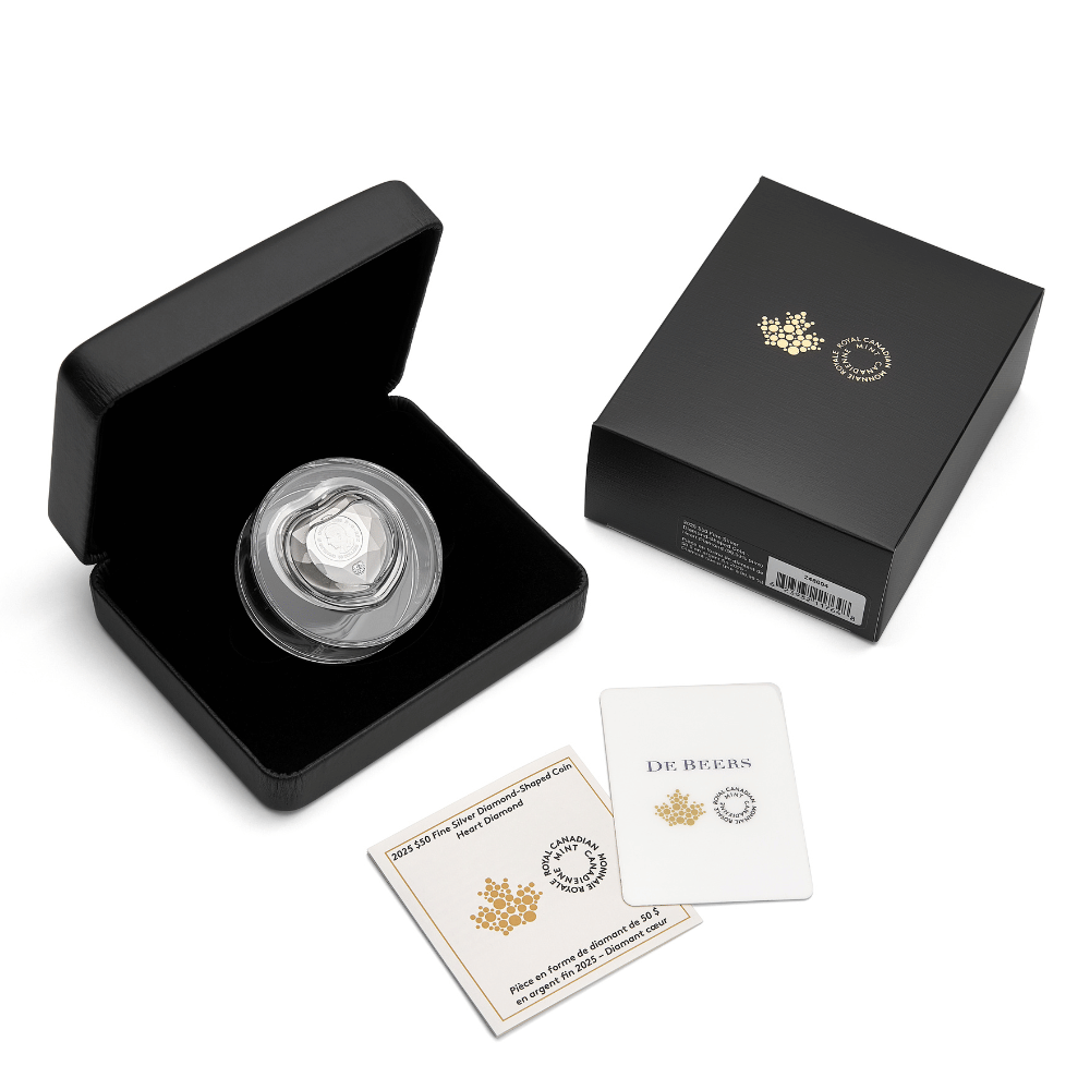 Heart Diamond Fine Silver Diamond Shaped Coin Canada 2025 packaging Royal Canadian Mint