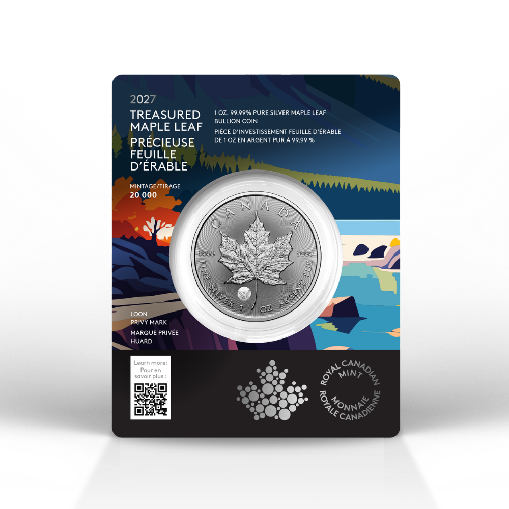 2027 Treasured Silver Maple Leaf: Loon Privy Mark 1 Oz 99.99% Pure Silver Coin (Premium Bullion) Royal Canadian Mint
