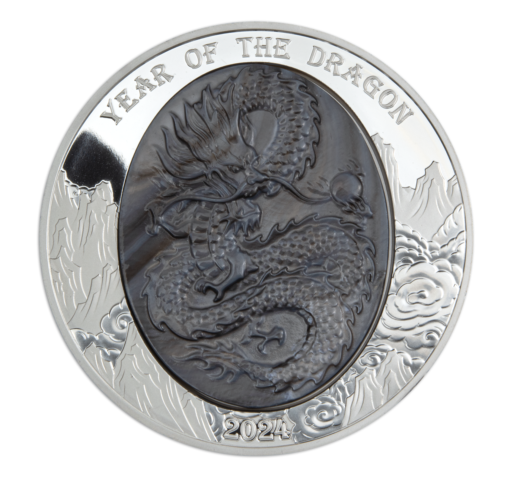 DRAGON Mother of Pearl Lunar Year 5 Oz Silver Coin $25 Solomon Islands 2024