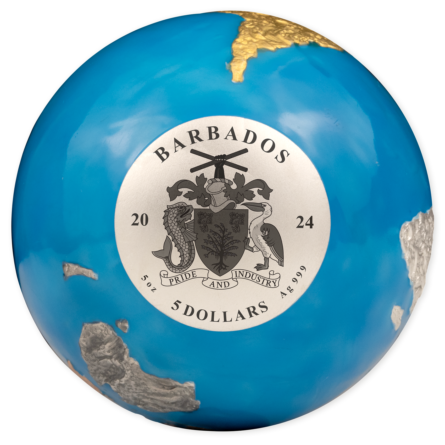 BLUE MARBLE Glow in the Dark Planet Earth 5 Oz Silver Coin $5 Barbados 2024