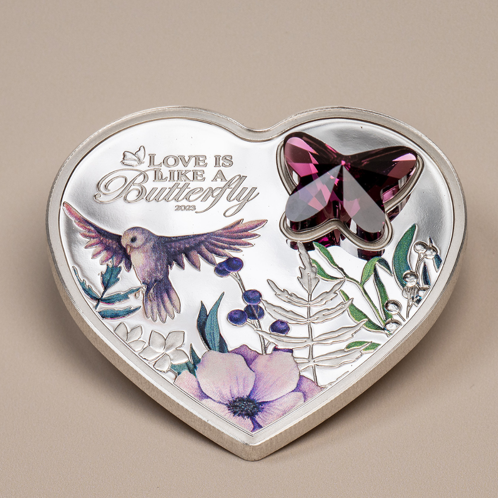 BUTTERFLY Brilliant Love Heart Silver Coin $5 Cook Islands 2023