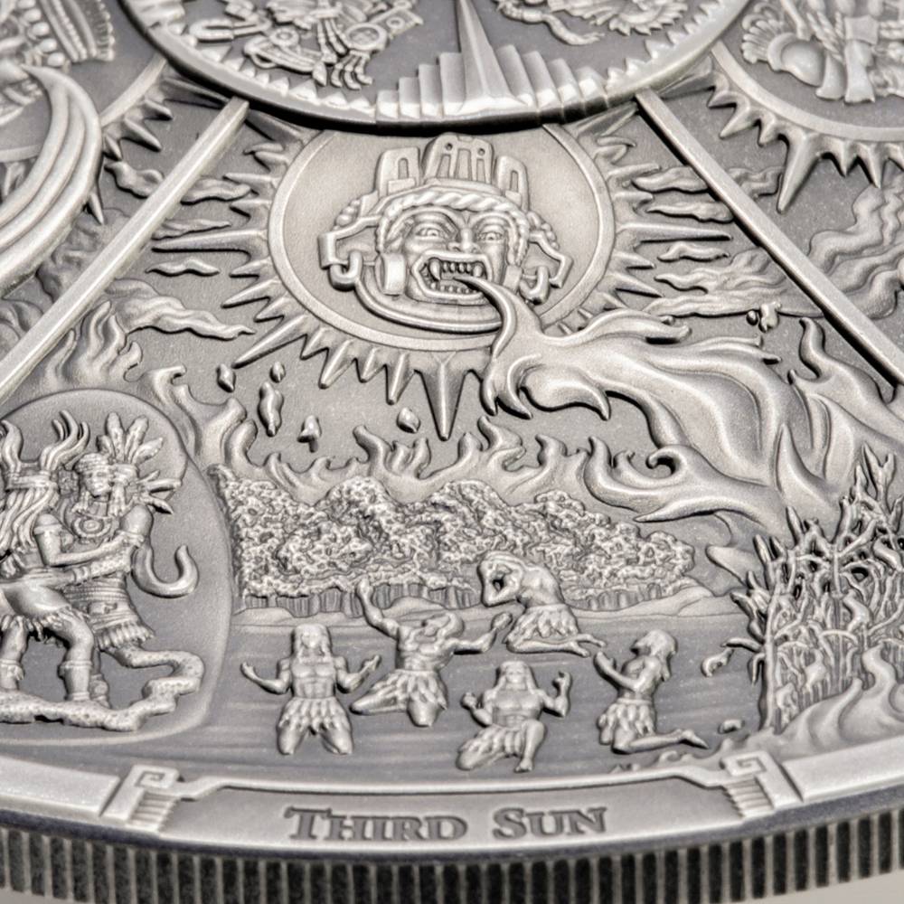 AZTEC FIVE SUNS Ages of Man Creation of World 3 Oz Silver Coin $20 Palau 2021 - PARTHAVA COIN