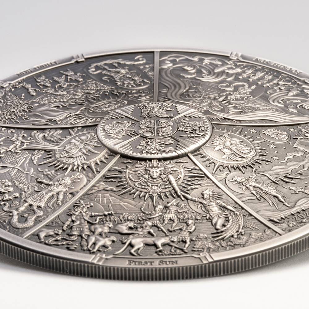 AZTEC FIVE SUNS Ages of Man Creation of World 3 Oz Silver Coin $20 Palau 2021 - PARTHAVA COIN