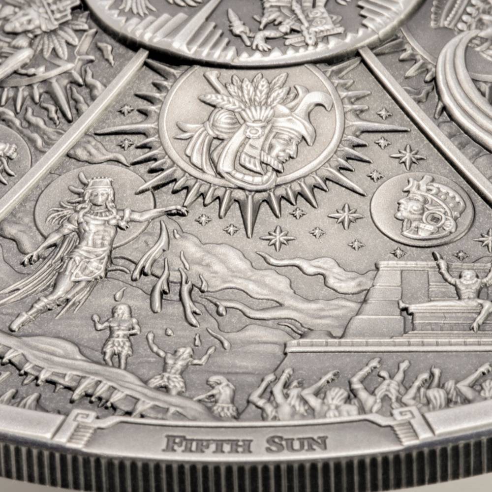 AZTEC FIVE SUNS Ages of Man Creation of World 3 Oz Silver Coin $20 Palau 2021 - PARTHAVA COIN