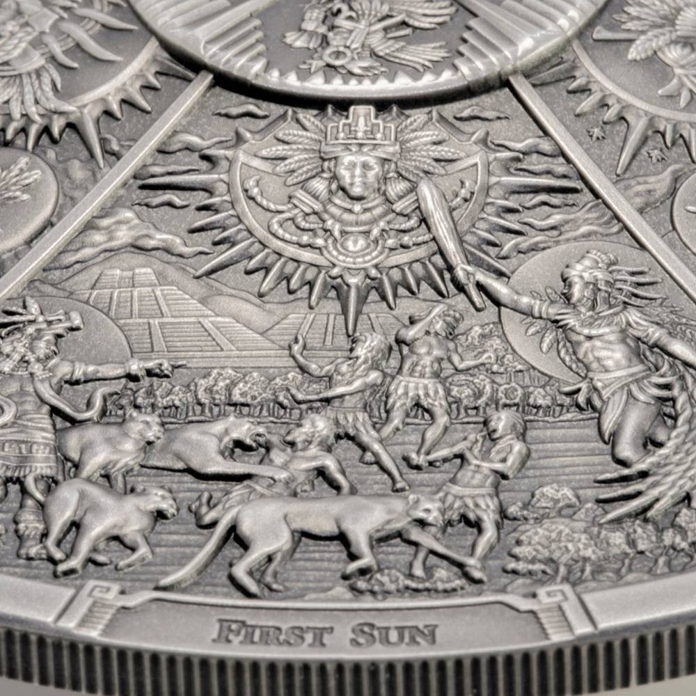AZTEC FIVE SUNS Ages of Man Creation of World 3 Oz Silver Coin $20 Palau 2021 - PARTHAVA COIN