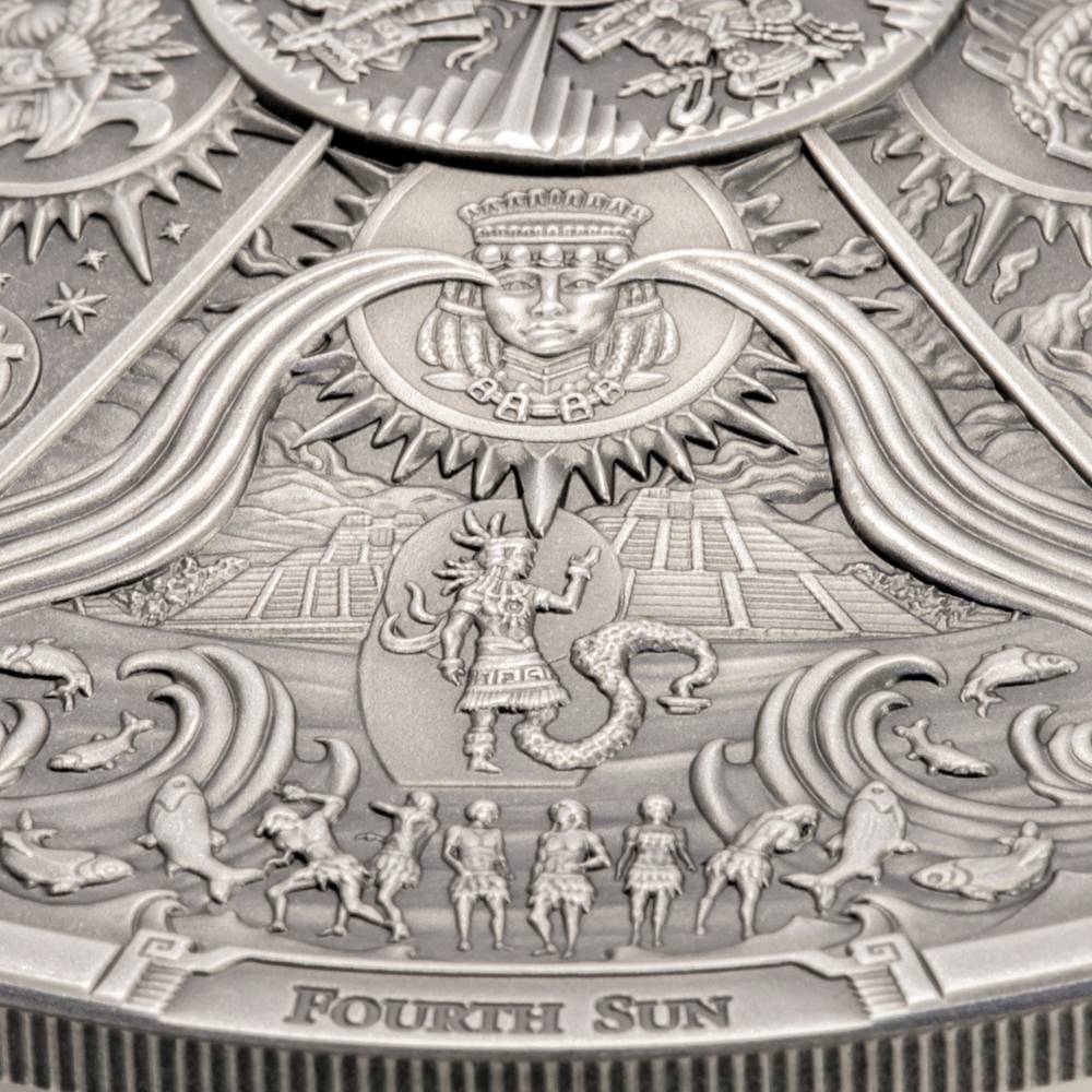 AZTEC FIVE SUNS Ages of Man Creation of World 3 Oz Silver Coin $20 Palau 2021 - PARTHAVA COIN