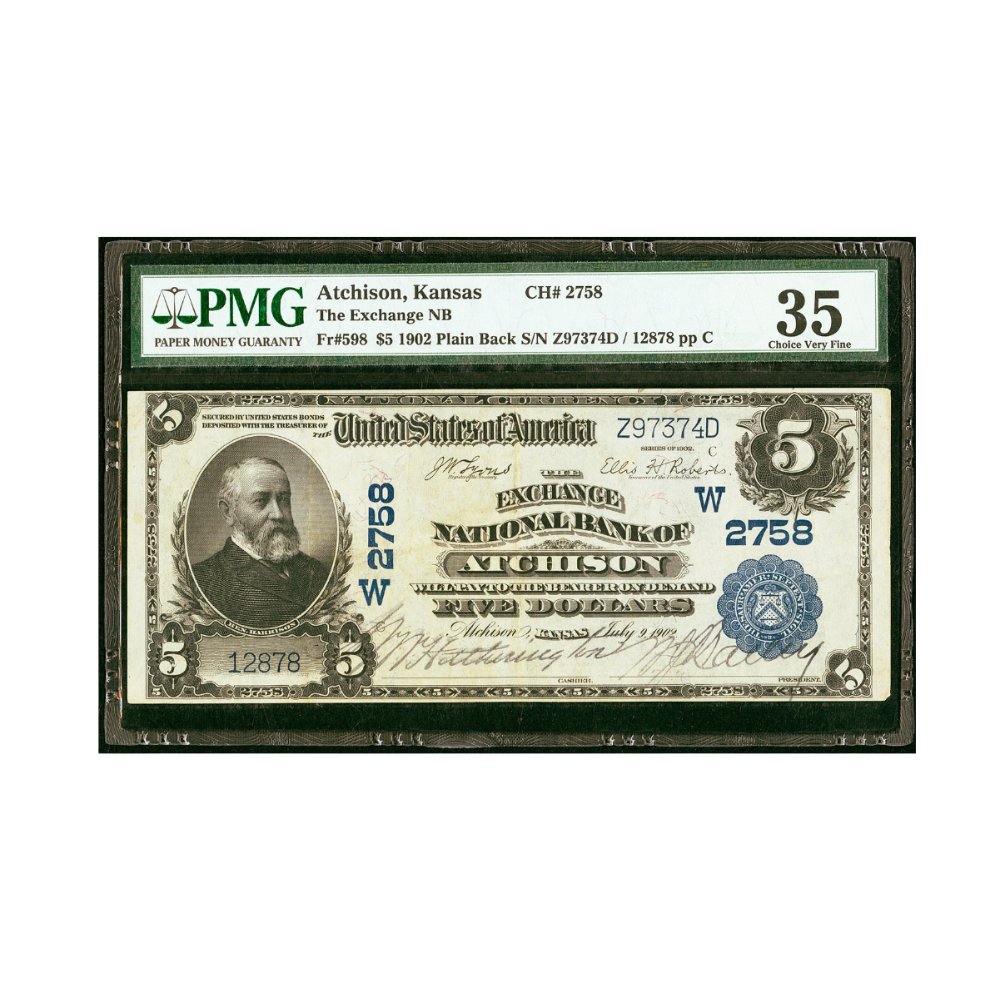 Atchison $5 1902 Exchange NB Plain Back PMG Choice VF 35