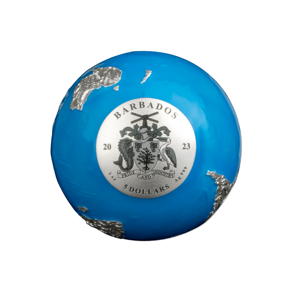 BLUE MARBLE Glow in the Dark Spherical 3 Oz Silver Coin $5 Barbados 2023