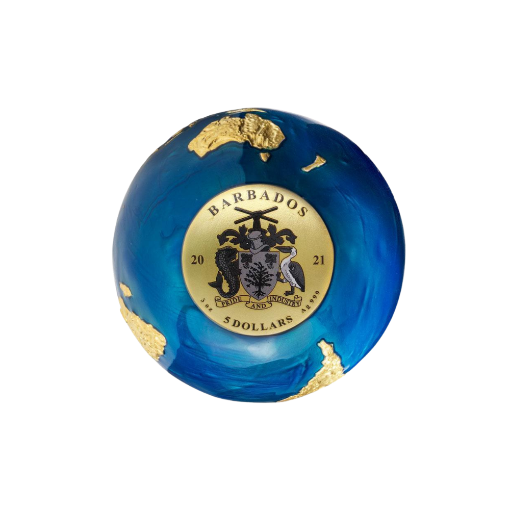 BLUE MARBLE Gold Plating Planet Earth Spherical 3 Oz Silver Coin $5 Barbados 2021