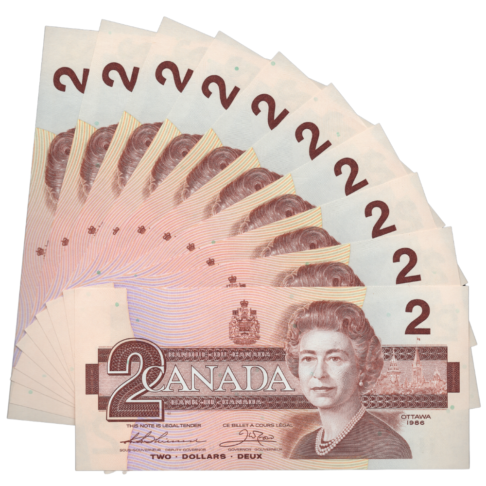 Canada 2 Dollars 1986 Pick BC-55b UNC 10 Consecutive Serial Number Set Thiessen-Crow