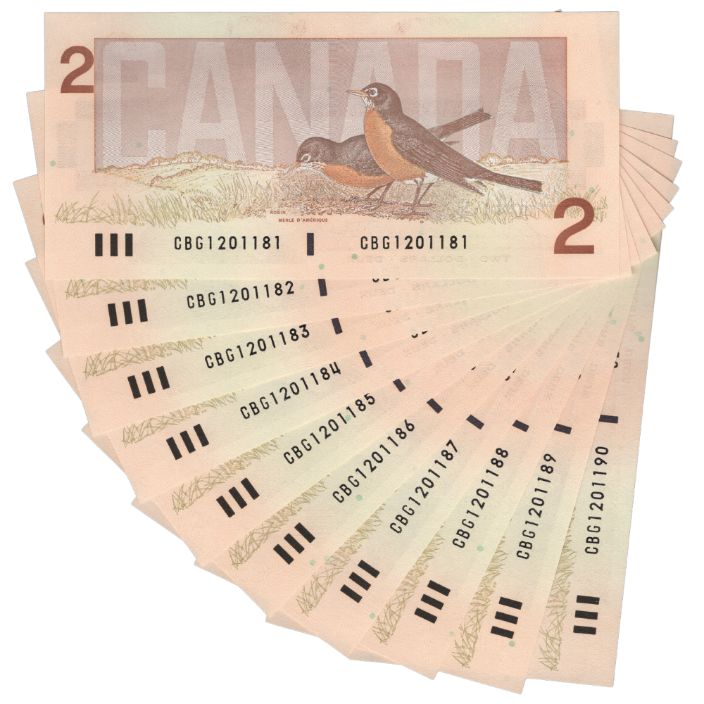 Canada 2 Dollars 1986 Pick BC-55b UNC 10 Consecutive Serial Number Set Thiessen-Crow