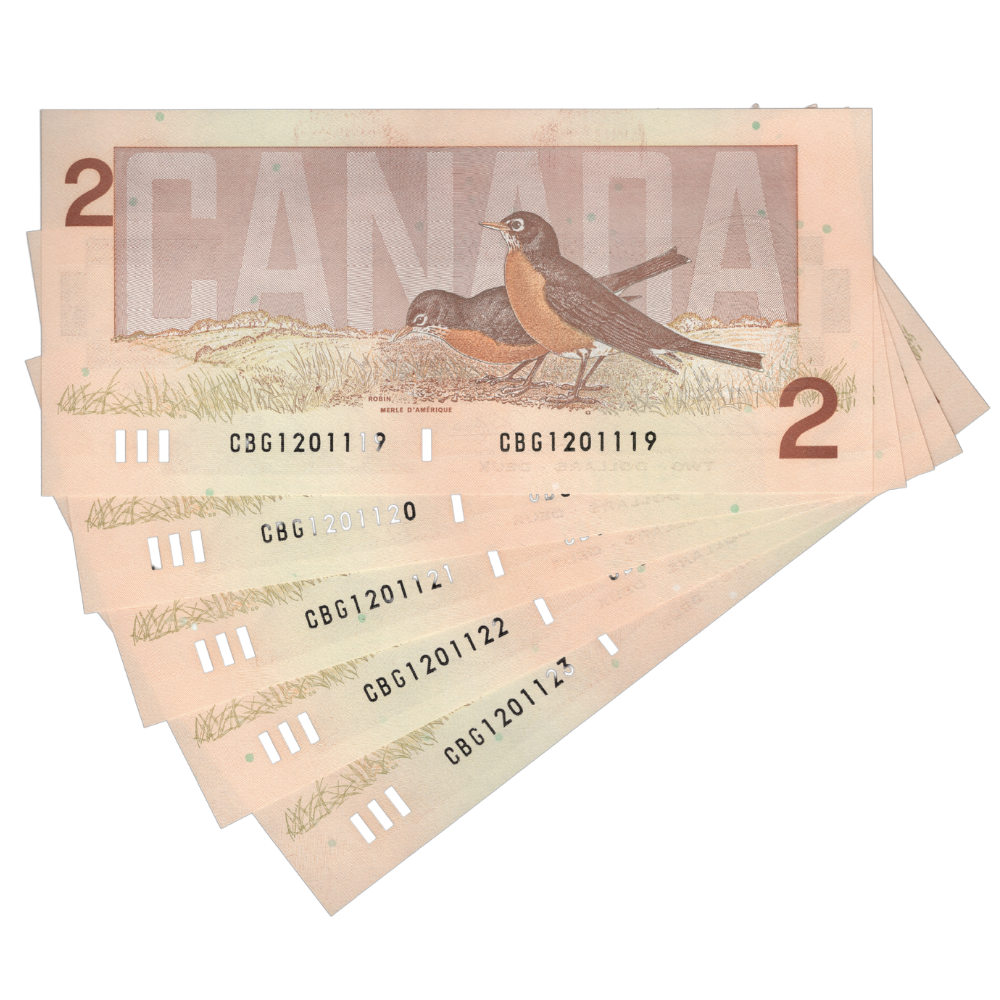 Canada 2 Dollars 1986 Pick BC-55b UNC 5 Consecutive Serial Number Set Thiessen-Crow