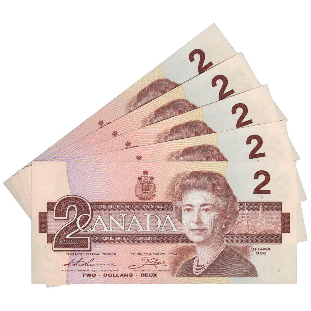 Canada 2 Dollars 1986 Pick BC-55b UNC 5 Consecutive Serial Number Set Thiessen-Crow