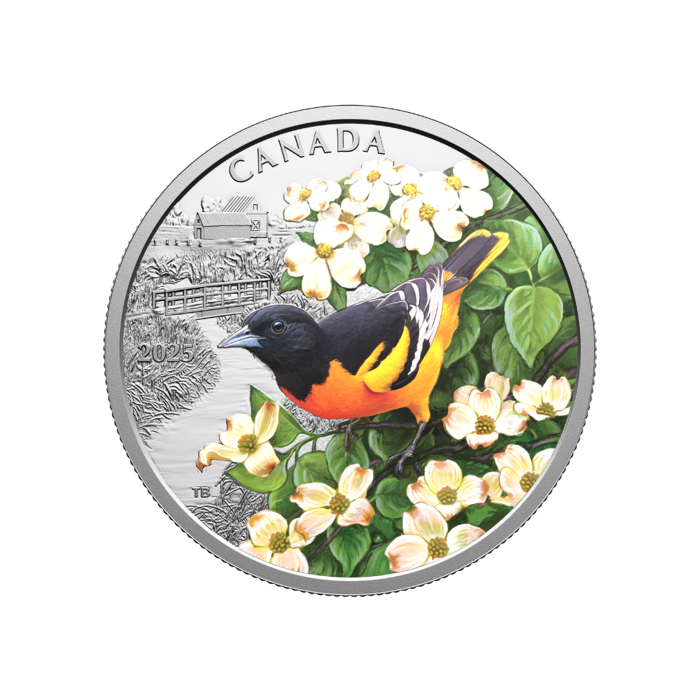 わんわん　尾長保漆レリーフ電鋳製　ほたるいか渚の幻想シリーズMR9187B Colourful Birds Baltimore Oriole 1 Oz Fine Silver Coin Canada 2025