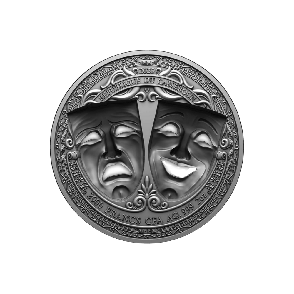Comedy & Tragedy 3D Holed Mask 2 Oz Silver Coin 2025