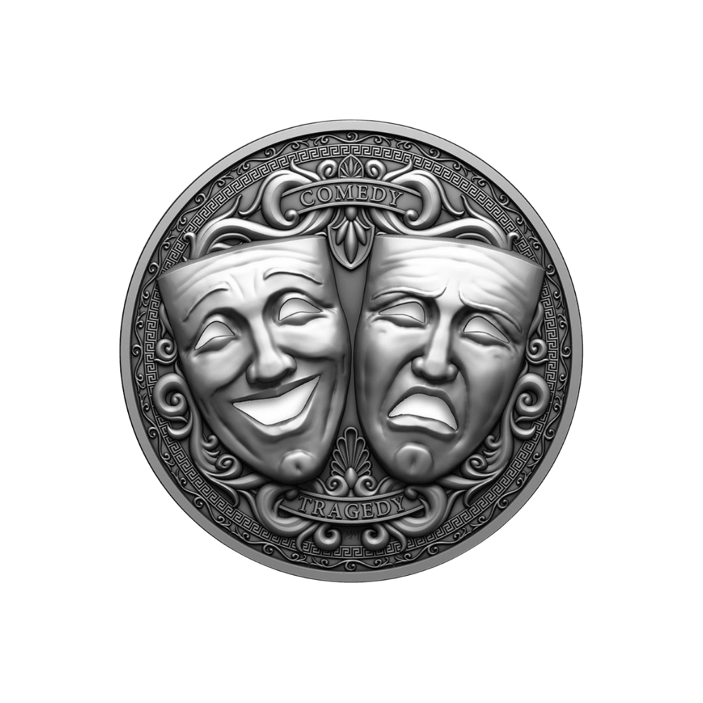 Comedy & Tragedy 3D Holed Mask 2 Oz Silver Coin 2025