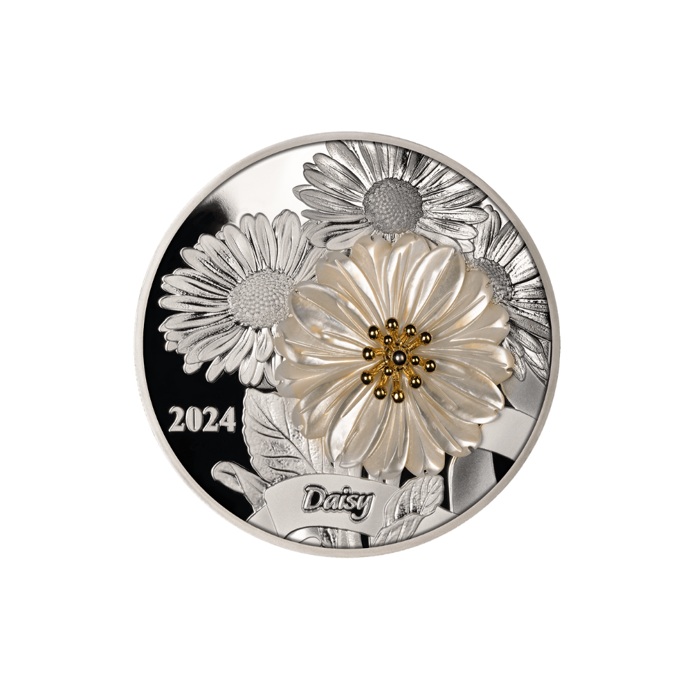 DAISY Flower 3D Mother of Pearl 2 Oz Silver Coin $5 Solomon DAISY Flower 3D Mother of Pearl 2 Oz Silver Coin $5 Solomon