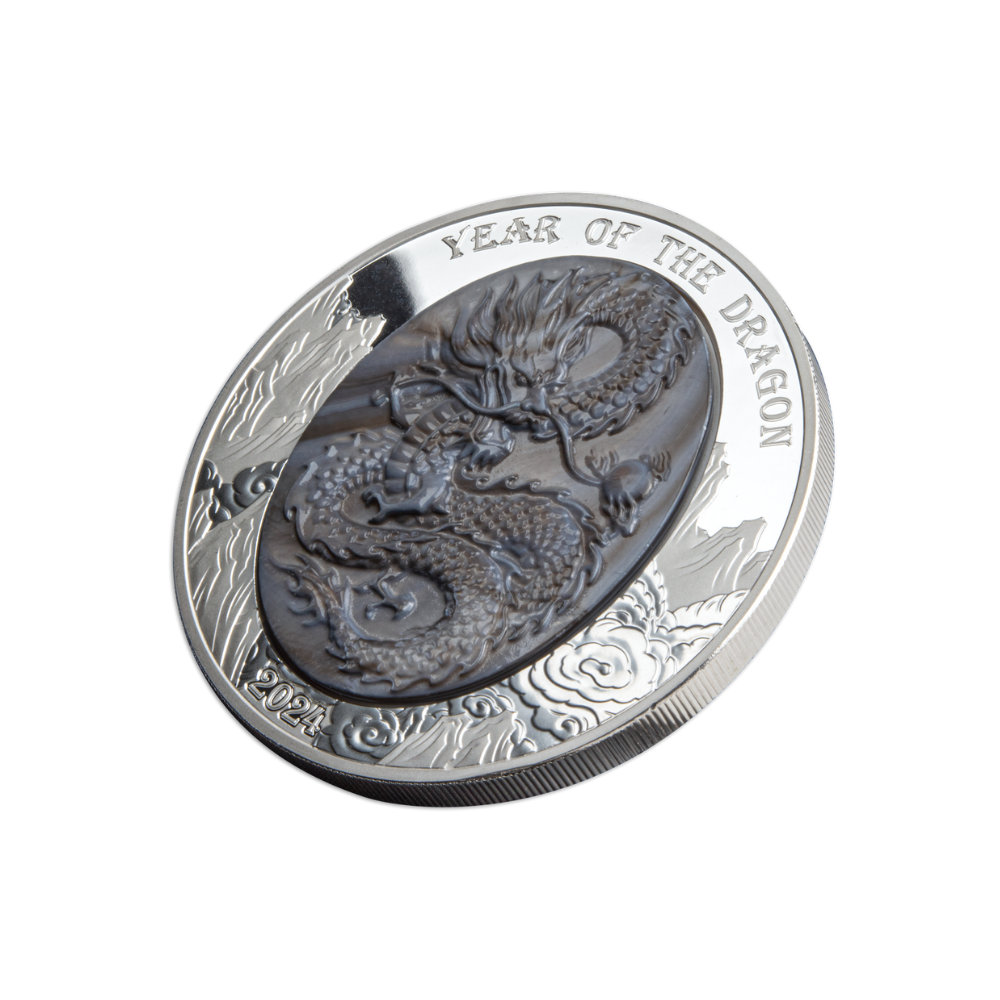 DRAGON Mother of Pearl Lunar Year 5 Oz Silver Coin $25 Solomon Islands 2024