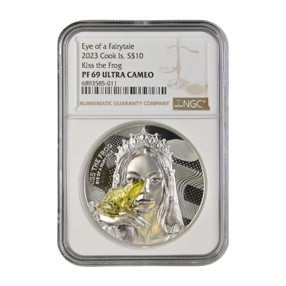 Eye of a Fairytale, KISS THE FROG 2 Oz Silver Coin $10 Cook Islands 2023- NGC graded PF 69 & PF 70 Ultra Cameo