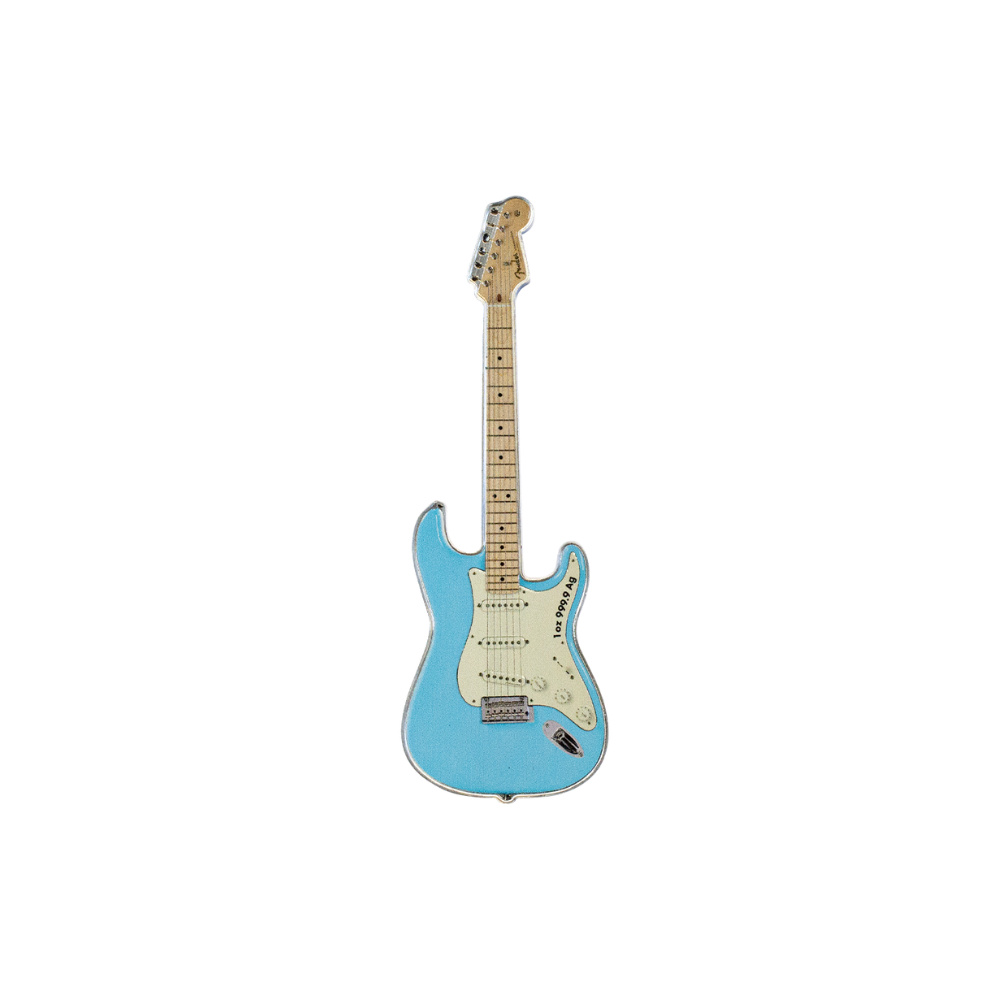FENDER® STRATOCASTER® GUITAR Daphne Blue 1 Oz Silver Coin $2 Solomon Islands 2023