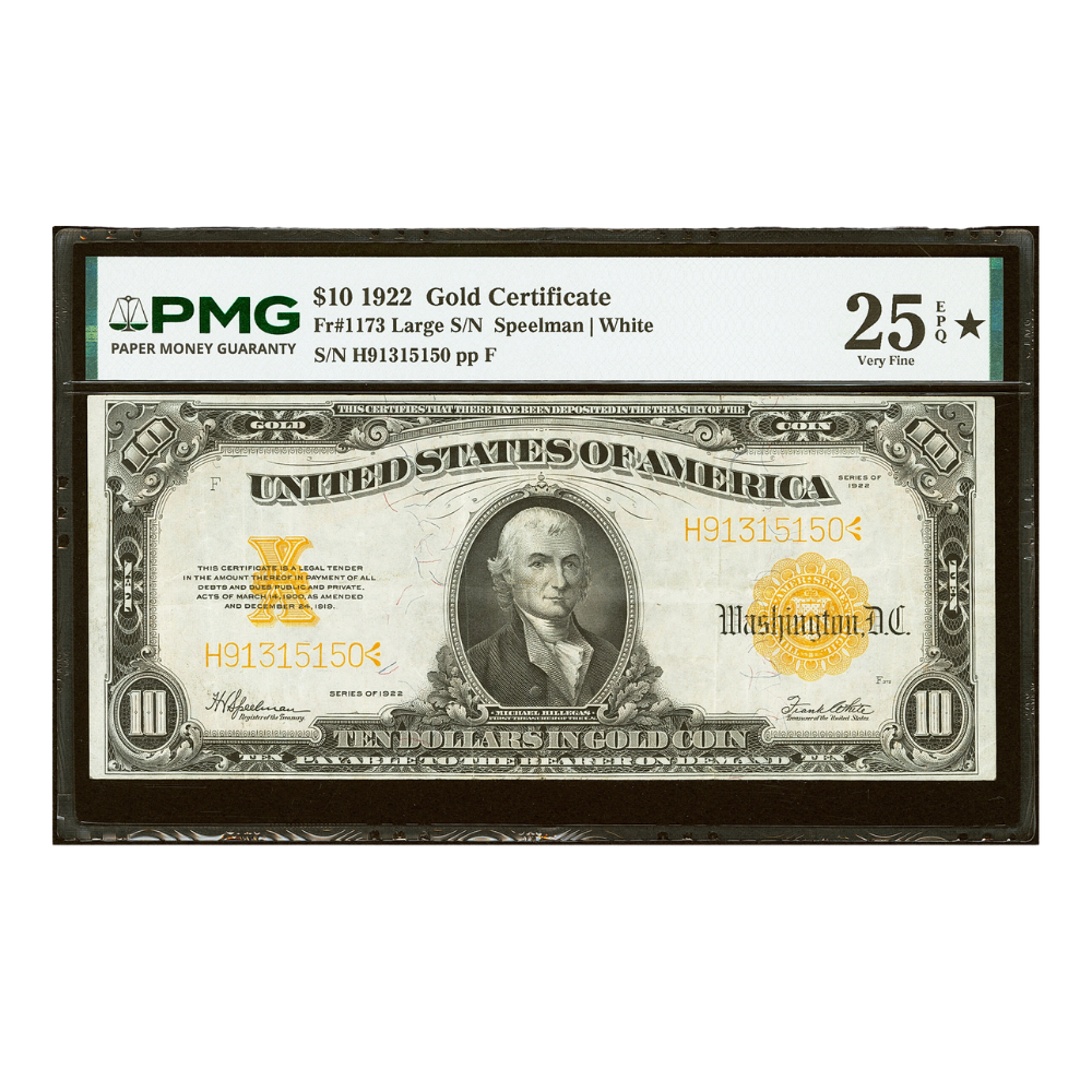 Fr. 1173 $10 1922 Gold Certificate PMG Very Fine 25 EPQ★
