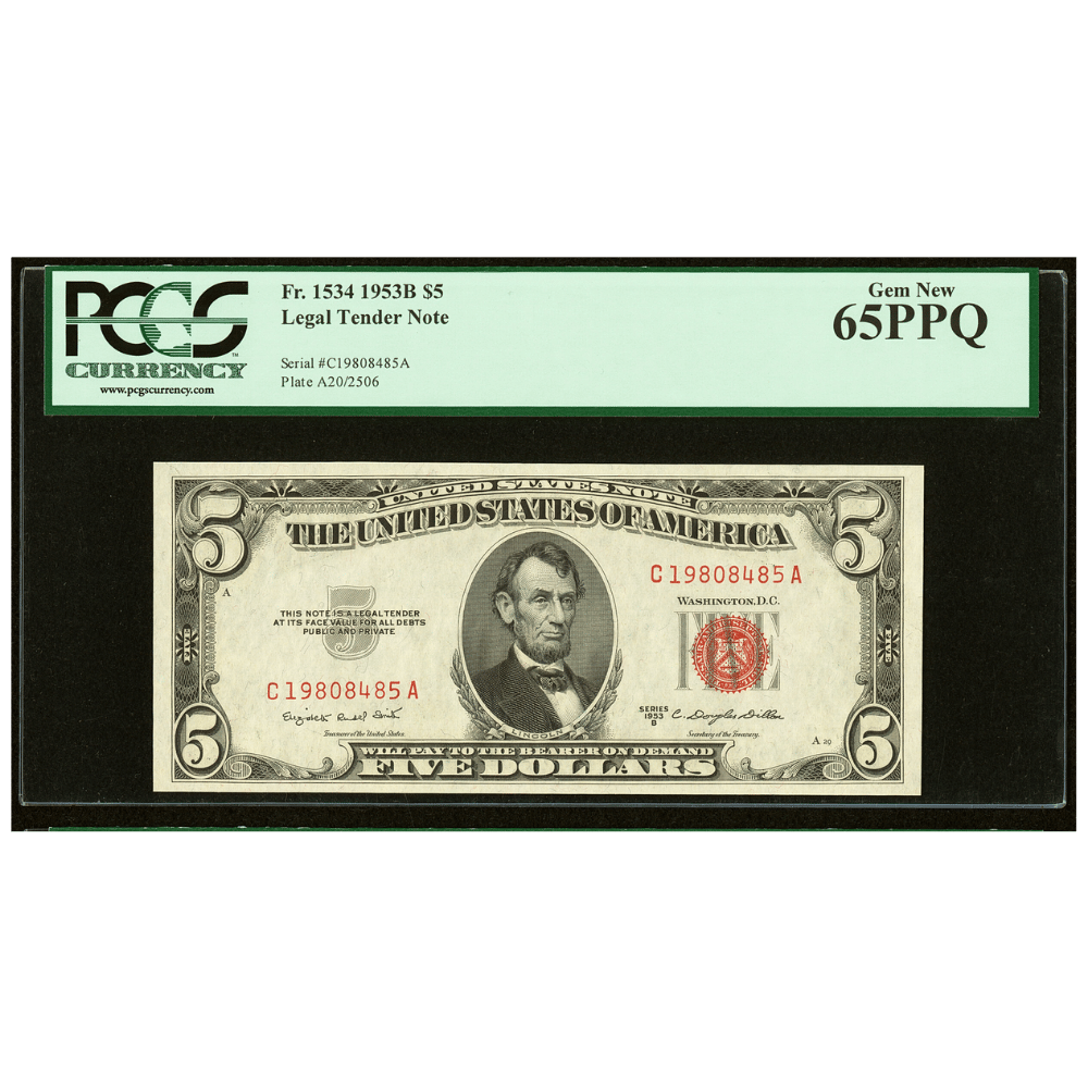 Fr. 1534 $5 1953B Legal Tender Note PCGS Gem New 65PPQ reverse