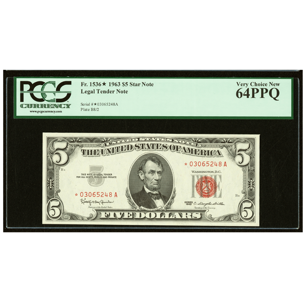 Fr. 1536* $5 1963 Legal Tender Star Note. PCGS Very Choice New 64PPQ reverse