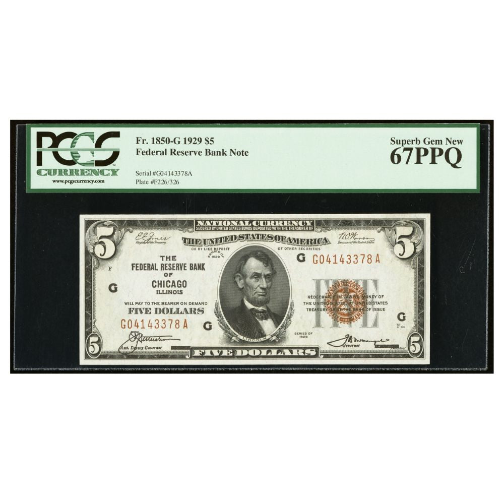 Fr. 1850-G $5 1929 Federal Reserve Bank Note. PCGS Superb Gem New 67PPQ reverse