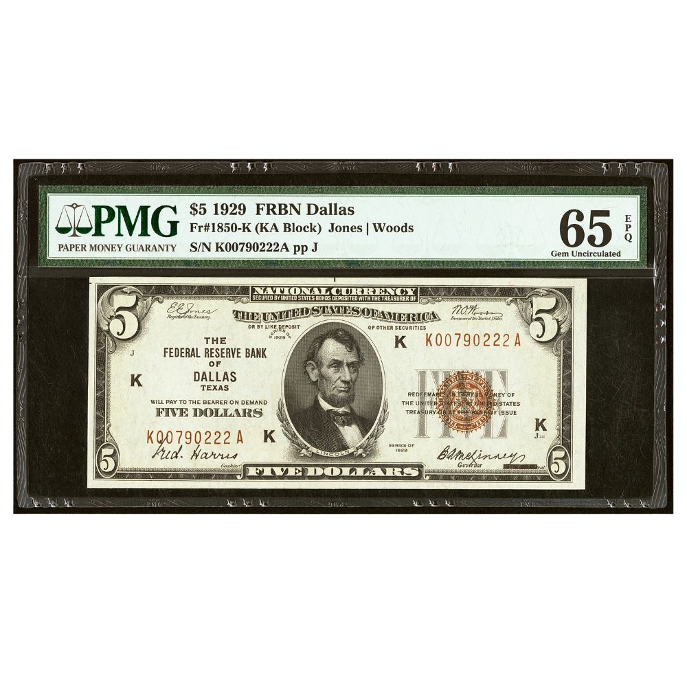 Fr. 1850-K $5 1929 Federal Reserve Bank Note. PMG Gem Uncirculated 65 EPQ reverse