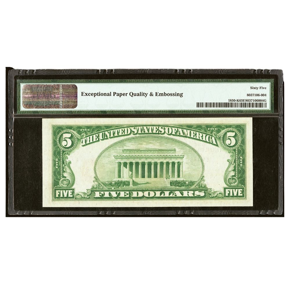 Fr. 1850-K $5 1929 Federal Reserve Bank Note. PMG Gem Uncirculated 65 EPQ obverse