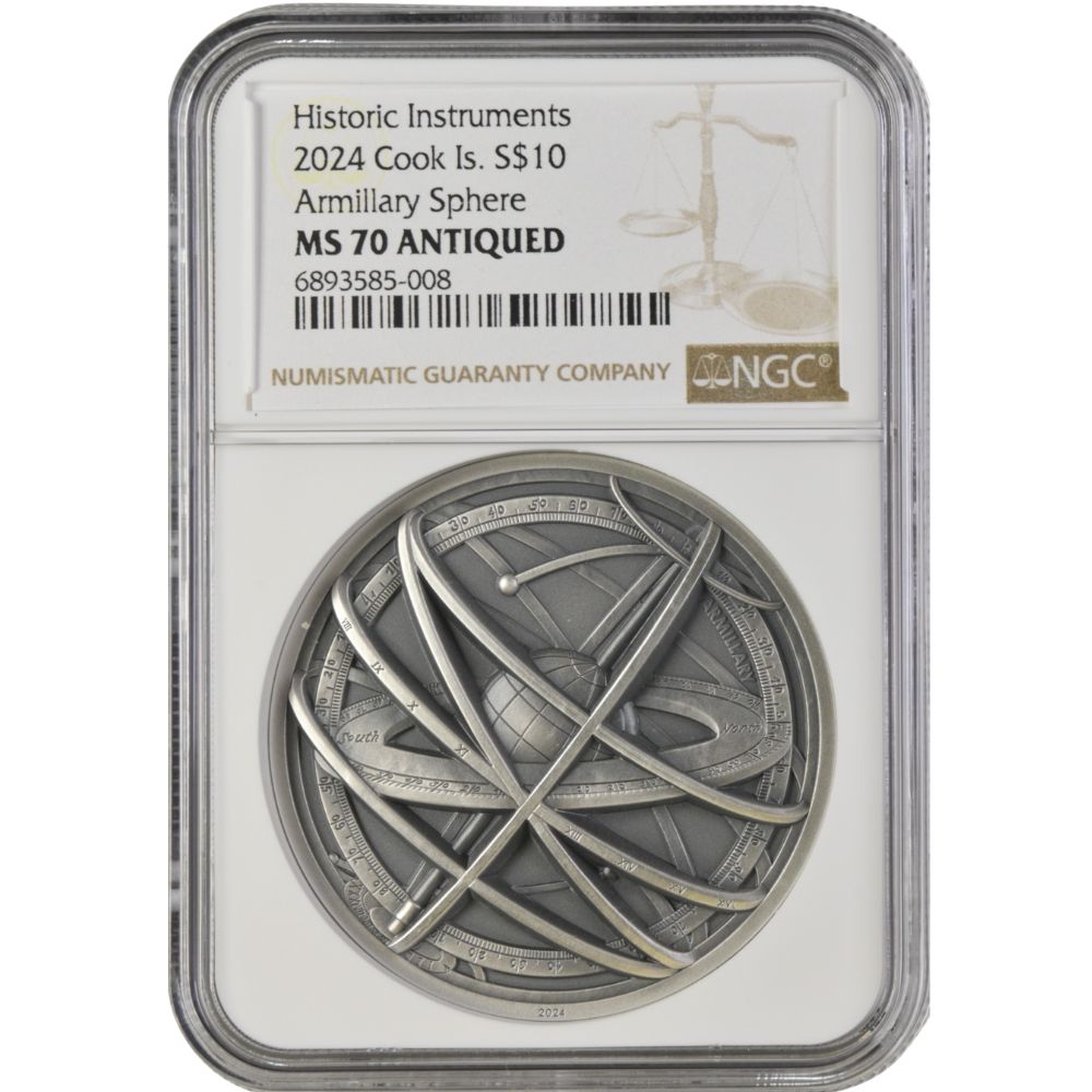 Historic Instruments ARMILLARY SPHERE2 Oz Silver Coin $10 Cook Islands 2024- NGC Graded MS 70 Antiqued No. 6893585-008