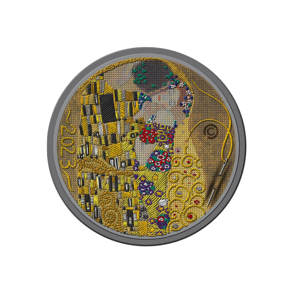 KISS Gustav Klimt Fine Embroidery Art 3 Oz Silver Coin $20 Palau 2023