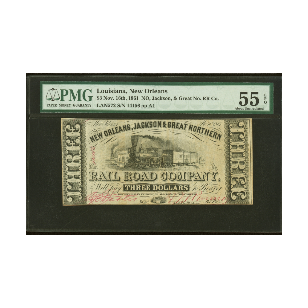 Louisiana $3 1861 New Orleans Jackson & Gt Northern PMG 55 EPQ