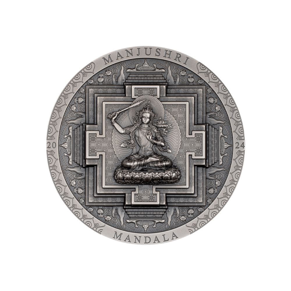 MANJUSHRI MANDALA Archeology Symbolism Antique 3 Oz Silver Coin 2000 Togrog Mongolia 2024