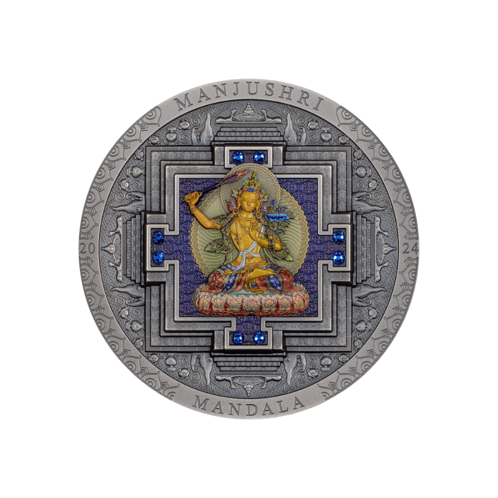 MANJUSHRI MANDALA Archeology Symbolism Coloured 3 Oz Silver Coin 2000 Togrog Mongolia 2024