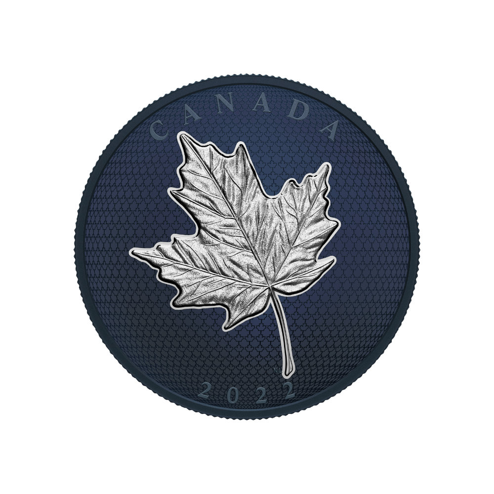 MAPLE LEAF Blue Rhodium 5 Oz Silver Coin $50 Canada 2022