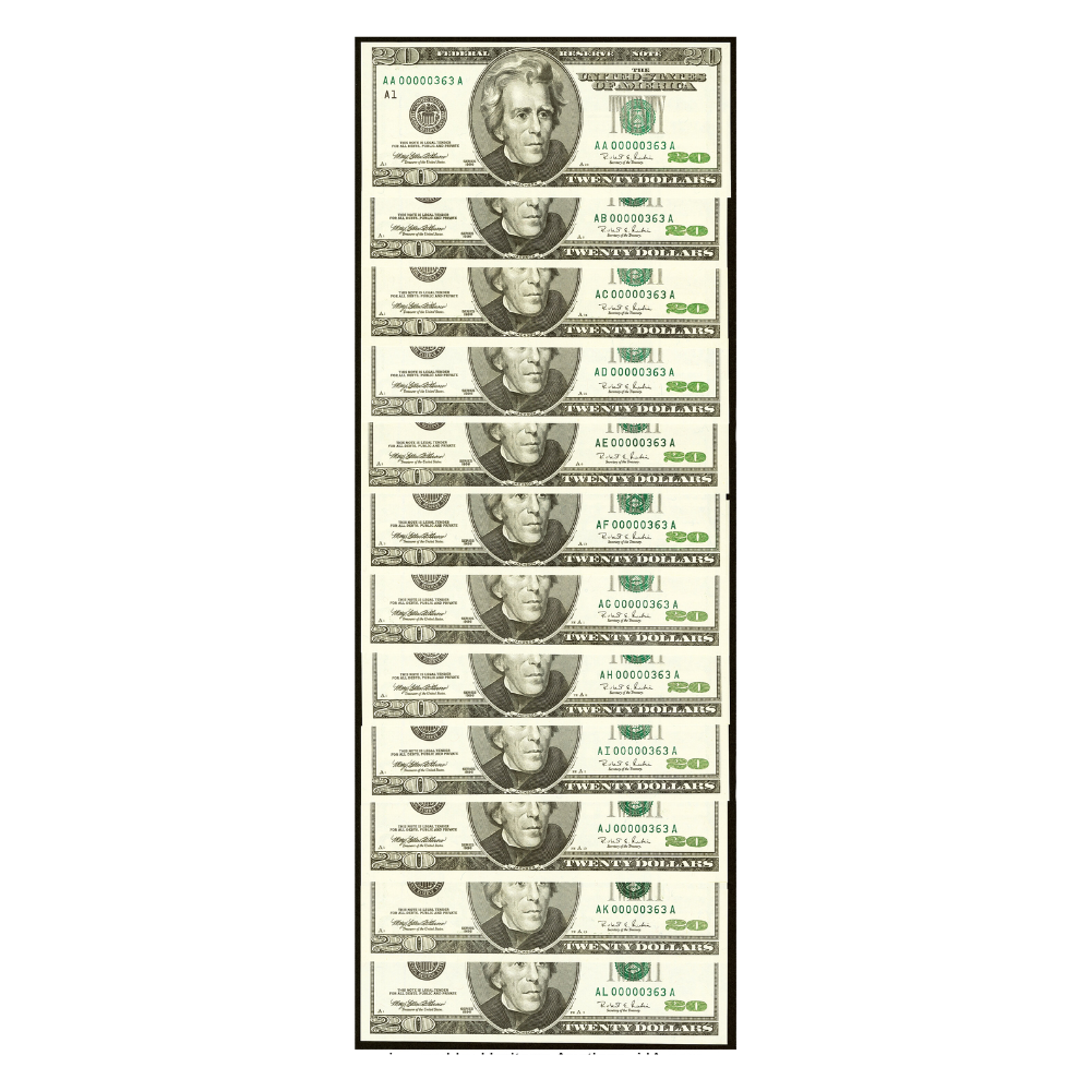 Matching Low Serial Number 00000363 BEP Premium Federal Reserve $20 Set Series 1996 – 13 Notes