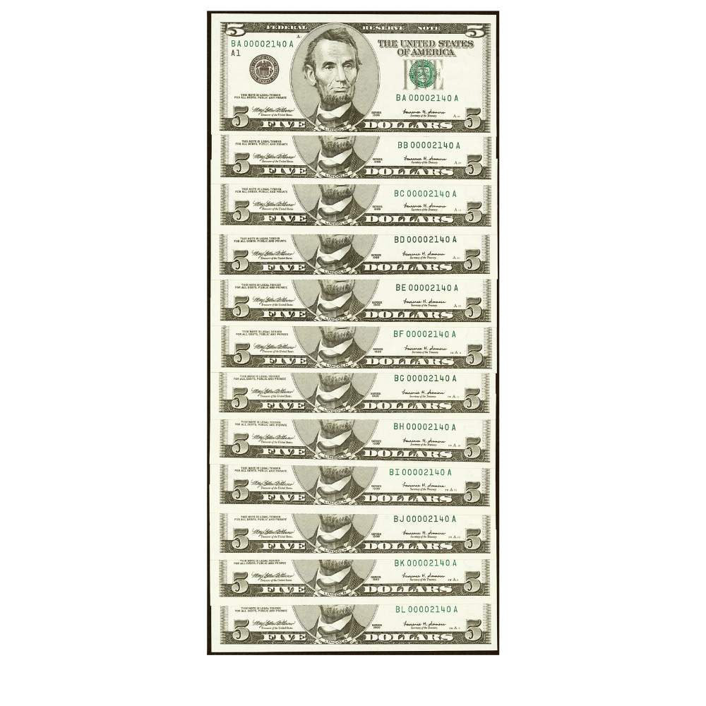 Matching Serial Number 00002140 BEP Premium Federal Reserve $5 Set Series 1999 – 13 Notes
