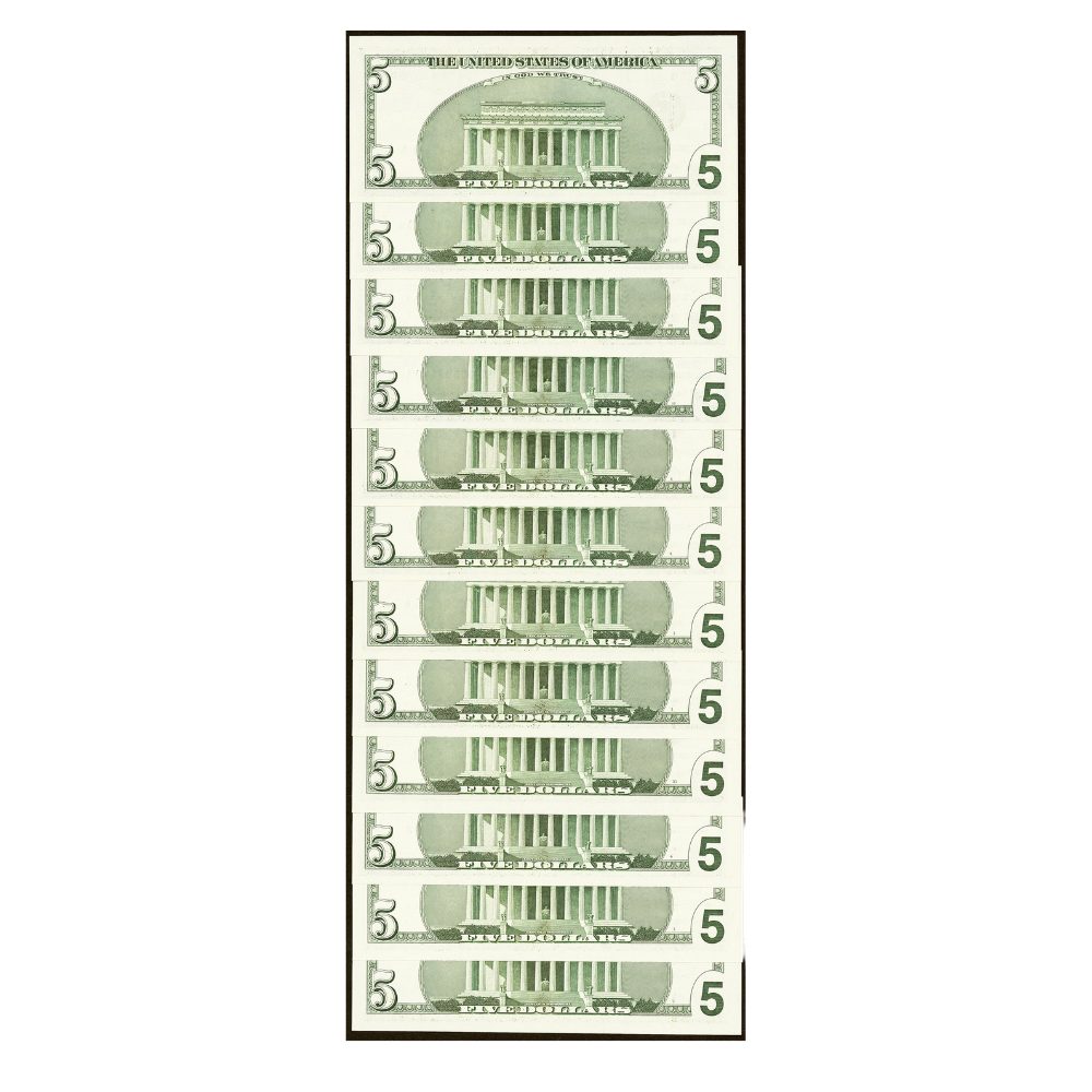 Matching Serial Number 00002140 BEP Premium Federal Reserve $5 Set Series 1999 – 13 Notes