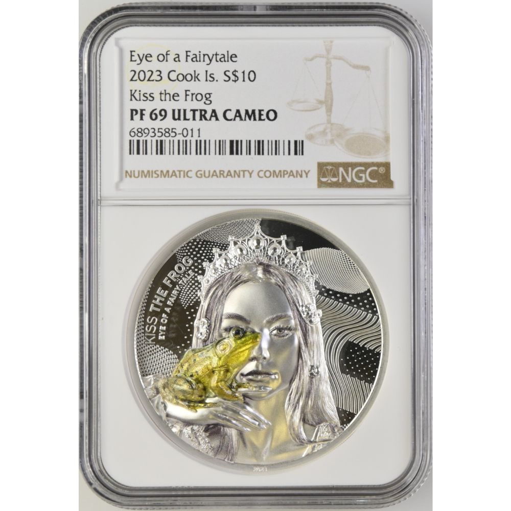 Eye of a Fairytale, KISS THE FROG 2 Oz Silver Coin $10 Cook Islands 2023- NGC graded PF 69 & PF 70 Ultra Cameo