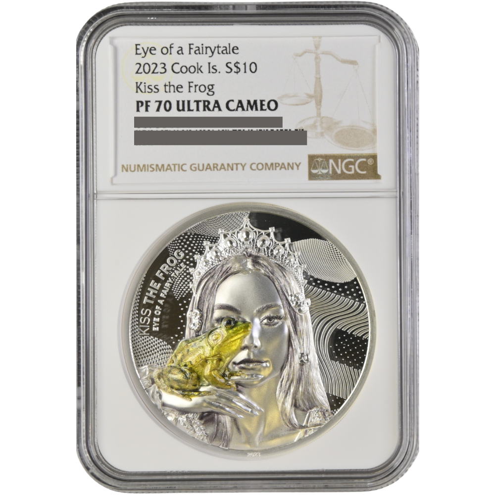 Eye of a Fairytale, KISS THE FROG 2 Oz Silver Coin $10 Cook Islands 2023- NGC graded PF 69 & PF 70 Ultra Cameo