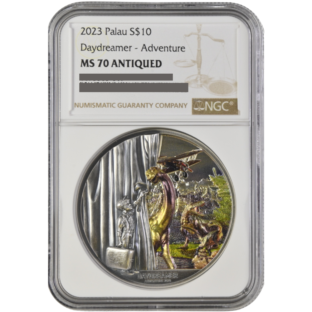 Daydreamer-ADVENTURE 2 Oz Silver Coin $10 Palau 2023-NGC Graded MS 70 Antiqued